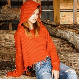 Skylar + Madison Size Sm Red Knit Hooded Sweater.  Fringe Trim & Side Zipper’s.